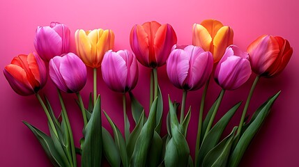 Obraz premium A vibrant bouquet of tulips in shades of pink, orange, and yellow arranged against a pink background.