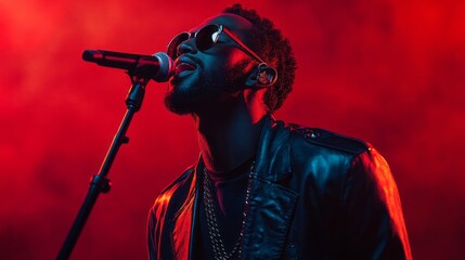 A man singing into a microphone with a black leather jacket