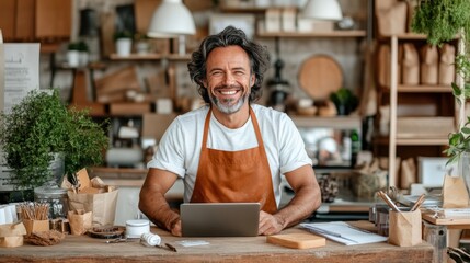 Smiling artisan at work in a cozy craft shop during the day in a vibrant urban neighborhood
