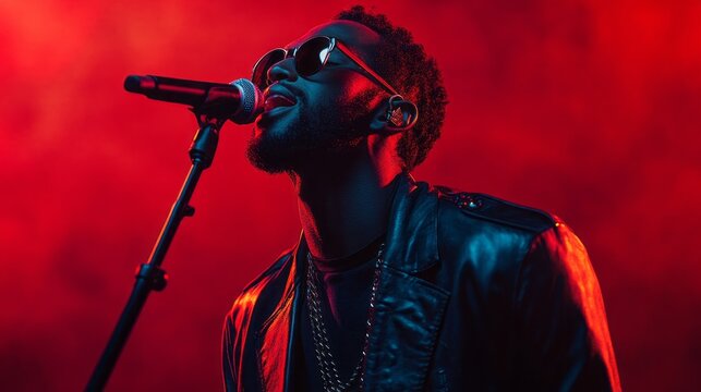 A man singing into a microphone with a black leather jacket