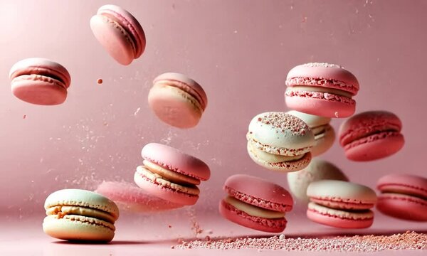 colorful macaroons on pink background