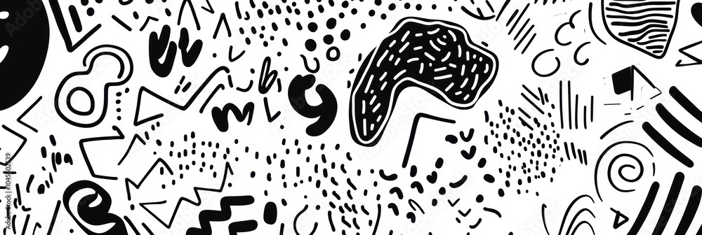 Poster Delicate black and white doodles display an array of patterns, including lines, circles, zigzags, and spirals across a clean background. Generative AI