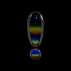 3d holographic glass exclamation mark with glossy reflective surface. Balloon bubble inflated shape with rainbow dispersion, 3d render for Y2K futuristic typography and modern font design