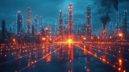 Oil and gas power plant with refinery and storage tanks, overlaid with a demand price chart, illustrating the petrochemical infrastructure.
