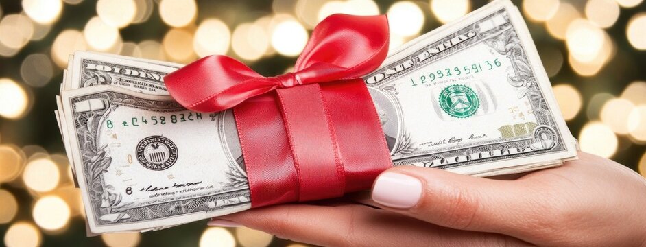 A festive stack of dollar bills adorned with a red ribbon creates a delightful gift idea surrounded by shimmering bokeh lights