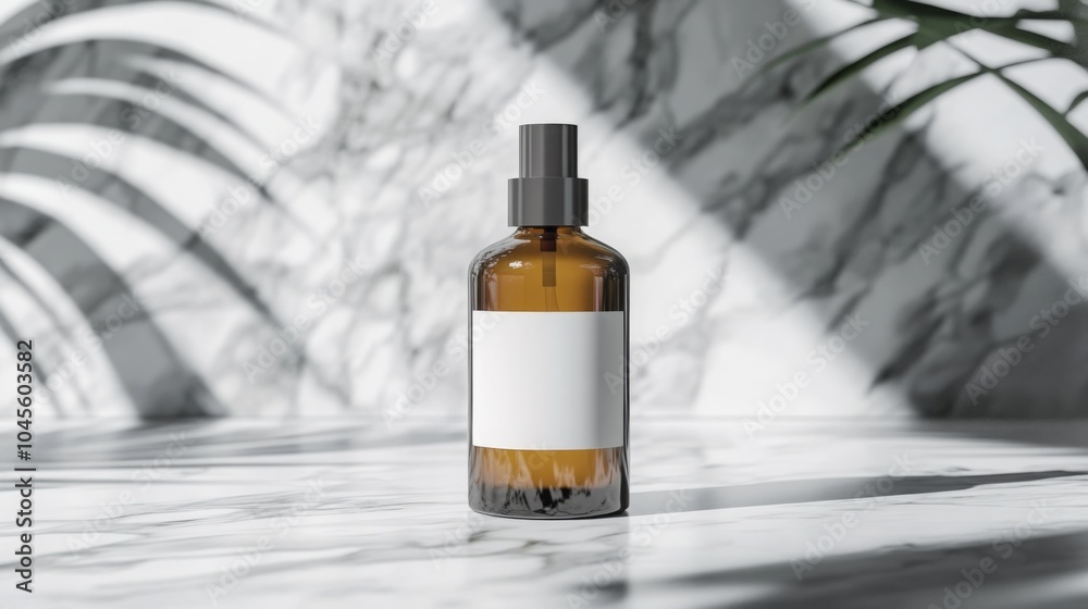 Poster a brown glass bottle with a black spray nozzle sits on a white marble surface. the bottle has a whit