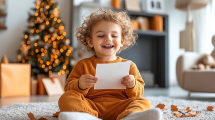 Joyful child enjoying a handwritten letter by a decorated Christmas tree in a cozy living room