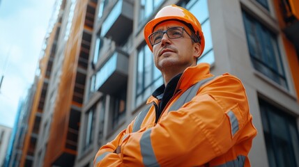 A man in an orange safety jacket stands in front of a building
