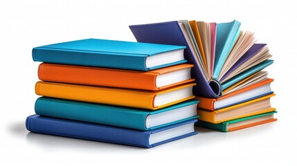 A photostock of a set of colorful books arranged on a white background, organized layout