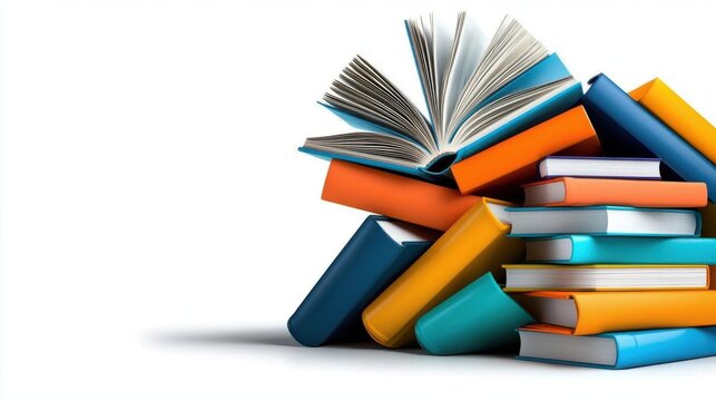 A photostock of a set of colorful books arranged on a white background, organized layout