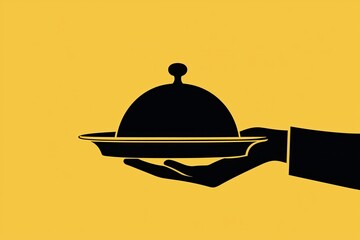 Fototapeta premium A minimalist-style hand holding a black cloche dish cover against a vibrant yellow background, symbolizing elegance and culinary art