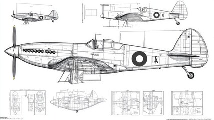 Schematic detailing of the Spitfire fighter aircraft in multiple views and configurations