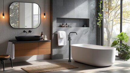 Minimalist bathroom featuring a matte black bathtub and modern fixtures with elegant wood accents and ambient lighting