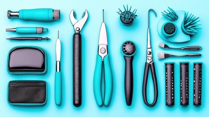 A photostock of a set of nail care tools on a pastel background, organized layout