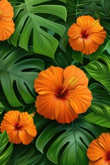 Vibrant orange hibiscus flowers among lush green tropical leaves in a sunny paradise
