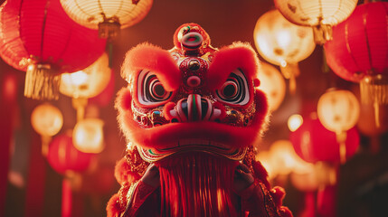 Photo of a Traditional Chinese Lion Dance Mask Held in Festive Celebrations with Vibrant Red Lanterns