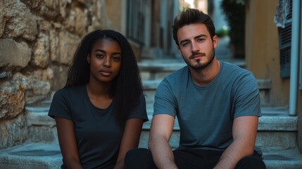 Fototapeta premium Two young adults relax on stone steps, enjoying the tranquil atmosphere of a quaint village