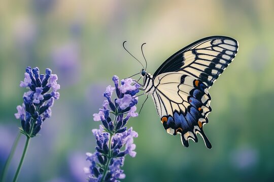 Photograph of a butterfly with black and white wings on a purple flower