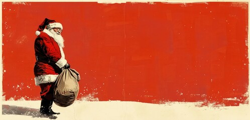 Obraz premium Minimalistic silhouette of Santa Claus carrying a sack against a vibrant red background