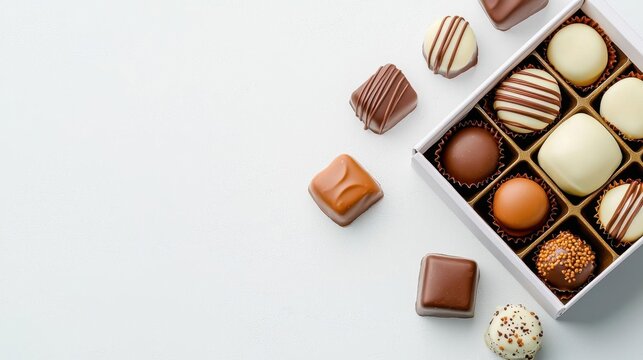 A photostock of assorted chocolates in a box, white background, sweet theme