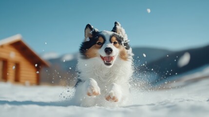 A playful dog enjoys running through fresh snow in a winter landscape near a cozy cabin