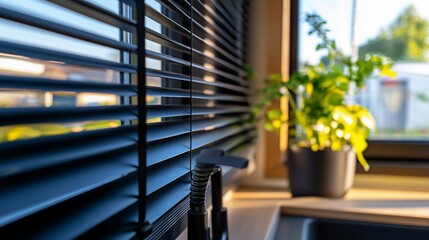 Close-up of black window blinds with a plant in the background.