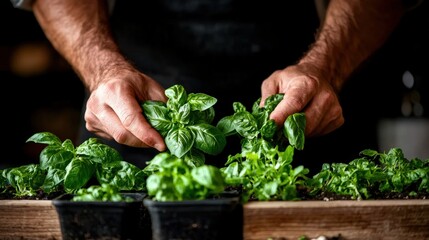 Gardener planting fresh basil seedlings in small pots indoors during bright daylight hours