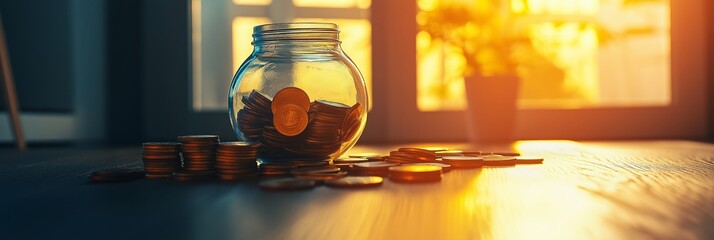 A jar brimming with coins is bathed in warm, glowing sunlight, symbolizing savings and future aspirations.