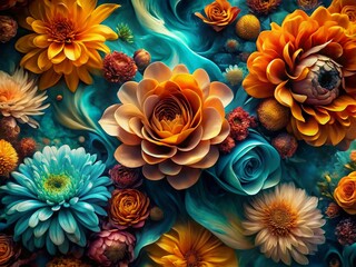 Fototapeta premium Colorful Flowers Vortex - Aerial Photography of Watercolor Floral Art in Dark Turquoise and Light Amber Swirls