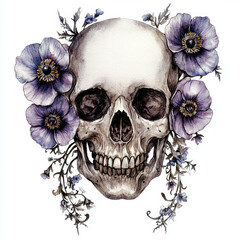 A detailed skull adorned with purple flowers against a soft backdrop of delicate foliage