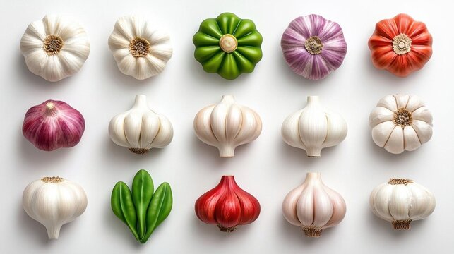 A photostock of assorted garlic on a white background, culinary theme