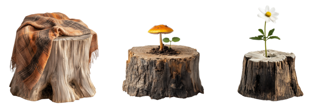 Resilient flowers growing from rustic tree stump isolators in the background
