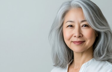 Fototapeta premium A senior Asian woman, aged 50-70, dressed in cultural attire, stands confidently against a soft gray backdrop, showcasing her timeless elegance in a studio setting.