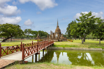 Wat Sa Si temple and wooden bridge, Shukhothai Historical Park, Thailand, one of UNESCO Heritage Site