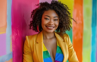 Fototapeta premium An African American businesswoman in a bright blazer and colorful setting embodies leadership, innovation, and inclusivity in corporate campaigns.