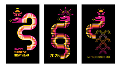 Obraz premium Chinese Happy New Year 2025. Year of the Snake. Symbol of Chinese New Year. Set of Modern minimalist banners