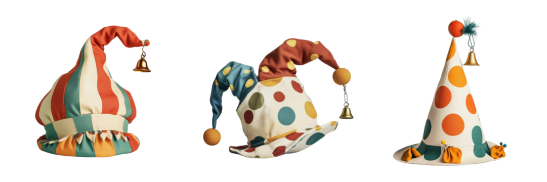 Colorful striped clown hat with bell detail isolators in the background

