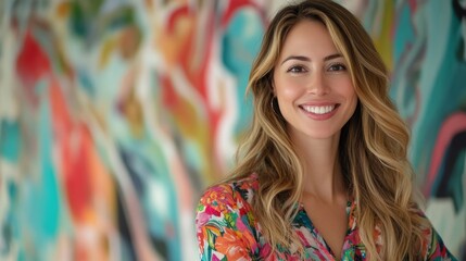 Joyful caucasian blonde woman is surrounded by vibrant marble texture colorful background and some.bokeh lights, her smile full of energy. The playful scene fits themes of celebration and fun.