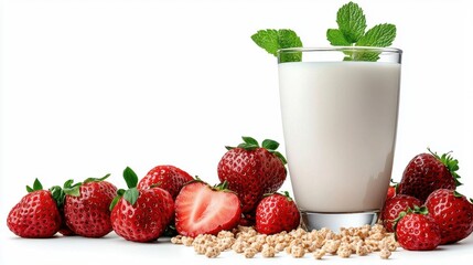A photostock of a bowl of cereal with fresh milk, white background, breakfast theme