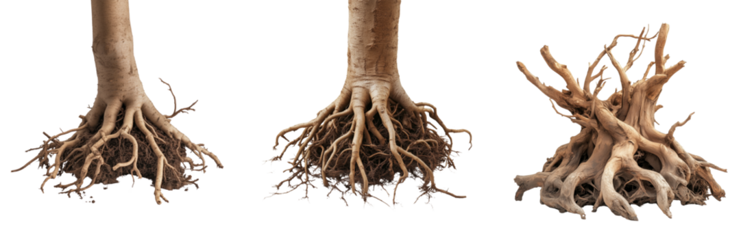 Close-up of a tree's intricate root system isolators in the background
