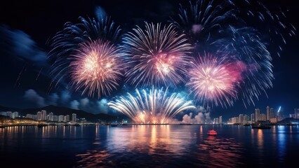 A vibrant fireworks display illuminating the night sky over a cityscape by the water.