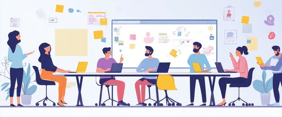 Team members collaborate at a long table in a bright modern office, sharing ideas and working on laptops while utilizing digital displays for presentations