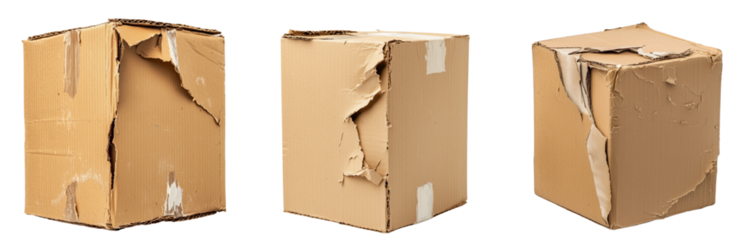 A damaged cardboard box with torn edges and worn surface isolators in the background
 