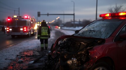 A red car with a smashed windshield sits on the side of the road with a fire truck in the background.