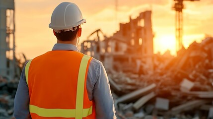 A construction worker in a safety vest and hard hat surveys the rubble of a demolition site at sunset, symbolizing rebuilding.