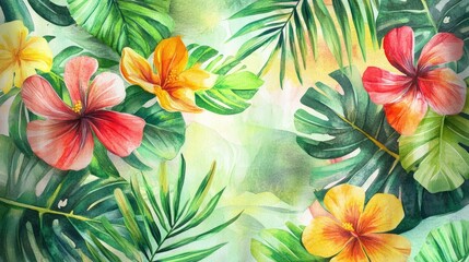 Fototapeta premium A variety of tropical leaves and bright flowers in a soft watercolor palette, perfect for botanical or nature-inspired designs.