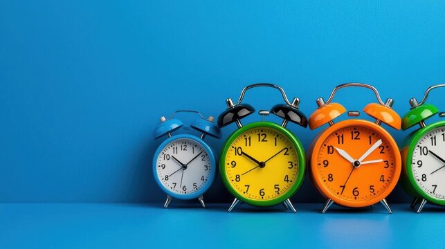 A photostock of colorful alarm clocks on a blue background, time management concept