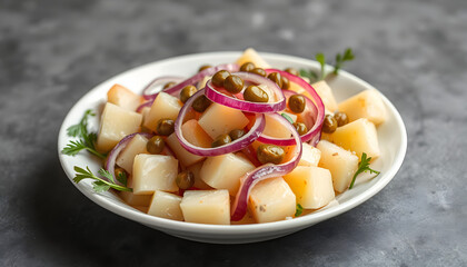 new potato salad with red onion, capers, greens isolated with white highlights, png
