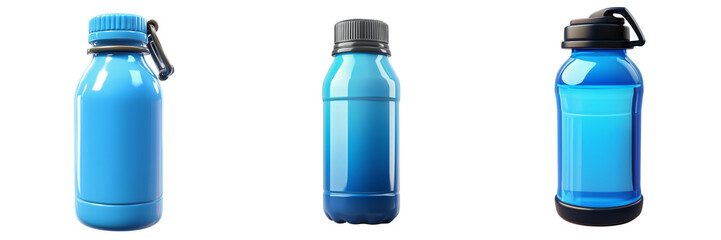 Sleek blue water bottle with a cap and carabiner clip isolator on the background
