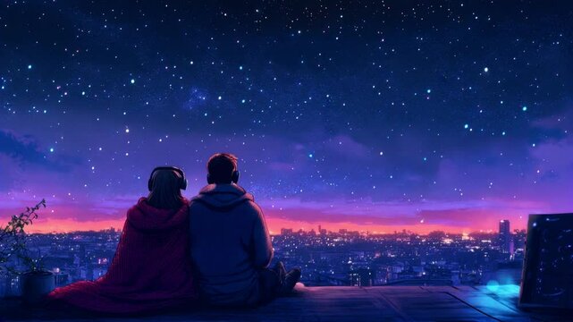 A romantic evening under a starlit sky in a vibrant city at dusk. Lofi video